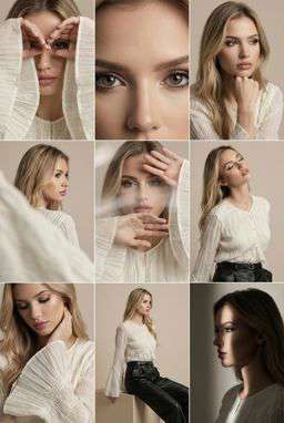 Anna 2 - ASYMMETRIC TEXTURED BLOUSE - LIMITED EDITION + 50TH ANNIVERSARY LEATHER TROUSERS WITH DARTS AND BELT - Editorial 3x3 Grid