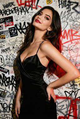 Petra - CONTRAST LACE BRALETTE + 50TH ANNIVERSARY LEATHER TROUSERS WITH DARTS AND BELT - Punk Graffiti Wall Flash [Rotated 35° Left]