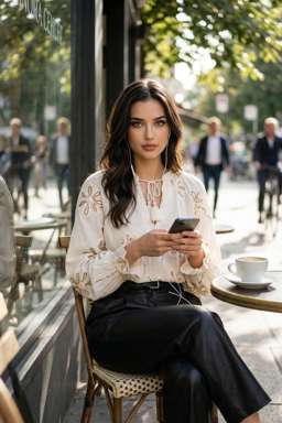 Petra - EMBROIDERED TEXTURED BLOUSE + 50TH ANNIVERSARY LEATHER TROUSERS WITH DARTS AND BELT - Sidewalk Café