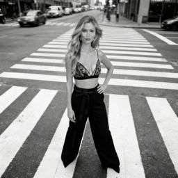 Anna 2 - LACE TRIANGLE BRALETTE + 50TH ANNIVERSARY WOOL-BLEND TROUSERS WITH BELT - B&W Crosswalk Stripes [Rotated 41° Left]