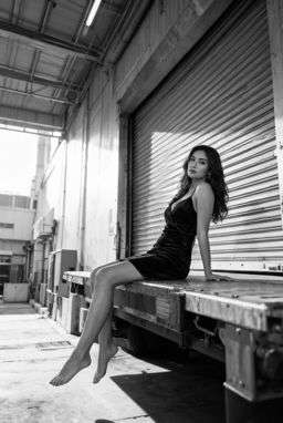 Petra - ASYMMETRIC TEXTURED BLOUSE - LIMITED EDITION + 50TH ANNIVERSARY WOOL BLEND TROUSERS - B&W Loading Dock [Rotated 33° Left]