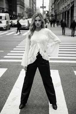 Anna 2 - ASYMMETRIC TEXTURED BLOUSE - LIMITED EDITION + 50TH ANNIVERSARY LEATHER TROUSERS WITH DARTS AND BELT - B&W Crosswalk Stripes