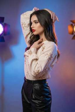 Petra - EMBROIDERED TEXTURED BLOUSE + 50TH ANNIVERSARY LEATHER TROUSERS WITH DARTS AND BELT - Colored Gel Lighting [Rotated 60° Left]