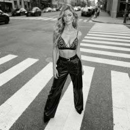 Anna 2 - LACE TRIANGLE BRALETTE + 50TH ANNIVERSARY LEATHER TROUSERS WITH DARTS AND BELT - B&W Crosswalk Stripes [Rotated 29° Right]