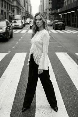 Anna 2 - ASYMMETRIC TEXTURED BLOUSE - LIMITED EDITION + 50TH ANNIVERSARY WOOL-BLEND TROUSERS WITH BELT - B&W Crosswalk Stripes [Rotated 51° Left]