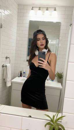 Petra - CONTRAST LACE BRALETTE + CONTRAST TRIM TROUSERS - Bathroom Mirror Selfie [Rotated 24° Left]