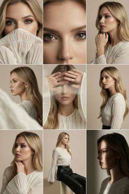 Anna 2 - ASYMMETRIC TEXTURED BLOUSE - LIMITED EDITION + 50TH ANNIVERSARY LEATHER TROUSERS WITH DARTS AND BELT - Editorial 3x3 Grid [Rotated 20° Left]