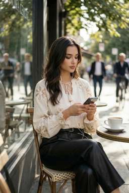 Petra - EMBROIDERED TEXTURED BLOUSE + 50TH ANNIVERSARY LEATHER TROUSERS WITH DARTS AND BELT - Sidewalk Café [Rotated 35° Right]