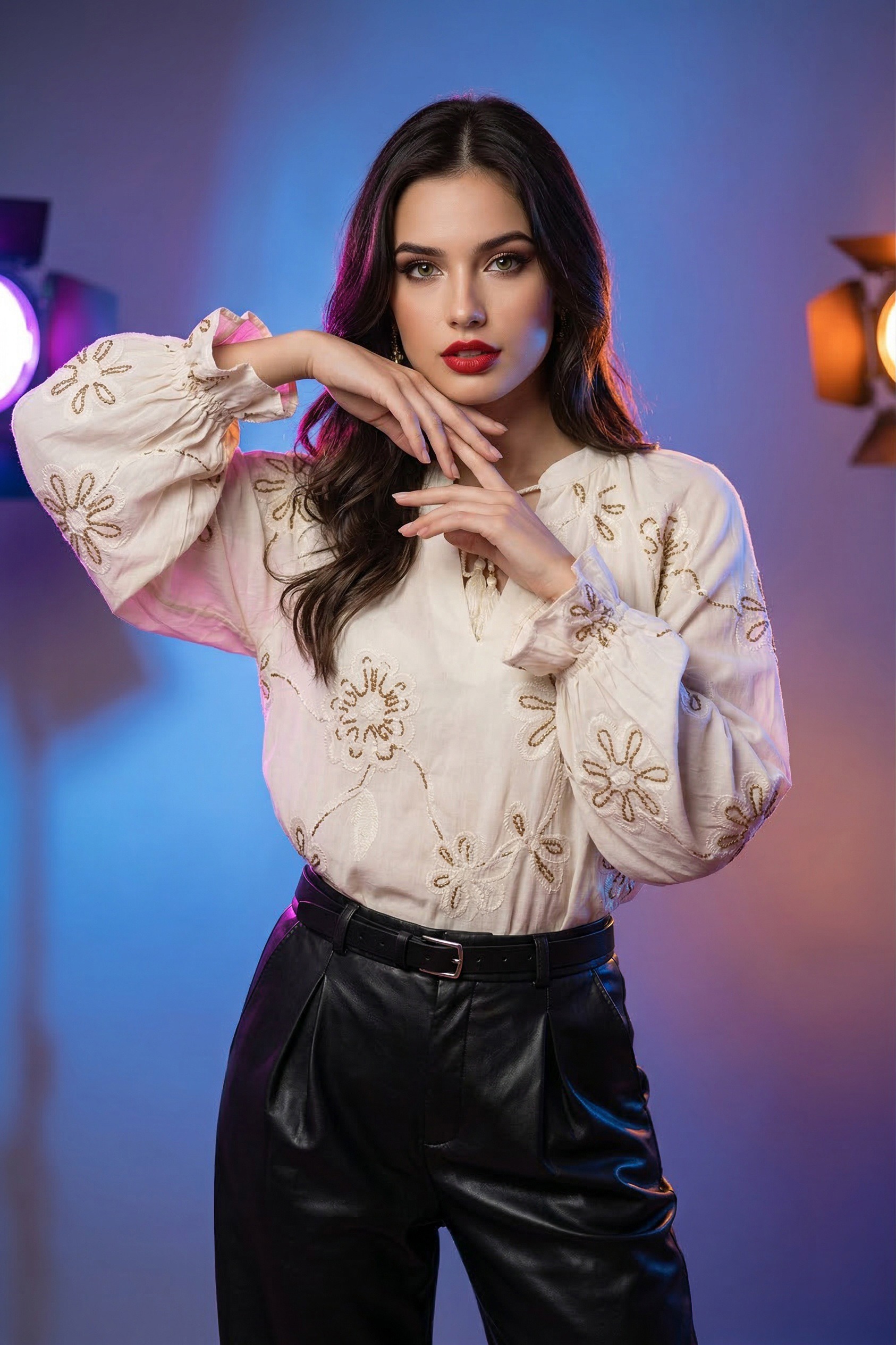 Petra - EMBROIDERED TEXTURED BLOUSE + 50TH ANNIVERSARY LEATHER TROUSERS WITH DARTS AND BELT