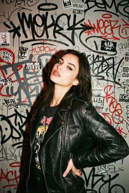 Petra - FAUX LEATHER BOMBER JACKET + 50TH ANNIVERSARY WOOL BLEND TROUSERS - Punk Graffiti Wall Flash [Rotated 44° Right]