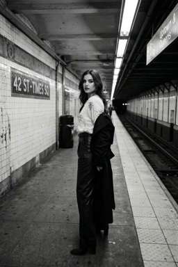 Petra - EMBROIDERED TEXTURED BLOUSE + 50TH ANNIVERSARY LEATHER TROUSERS WITH DARTS AND BELT - B&W Subway Platform [Rotated 59° Right]